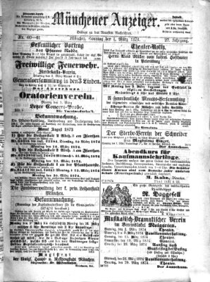 Münchener Anzeiger (Münchner neueste Nachrichten) Sonntag 1. März 1874