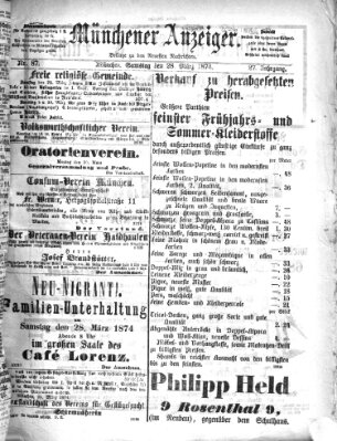 Münchener Anzeiger (Münchner neueste Nachrichten) Samstag 28. März 1874