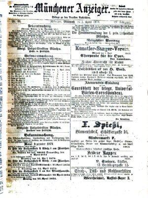 Münchener Anzeiger (Münchner neueste Nachrichten) Mittwoch 1. April 1874