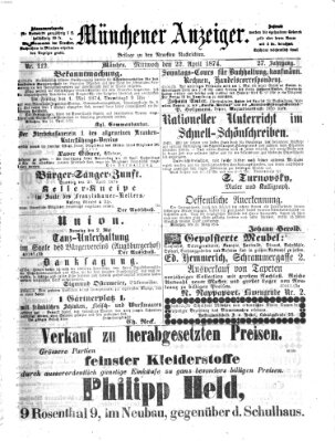 Münchener Anzeiger (Münchner neueste Nachrichten) Mittwoch 22. April 1874