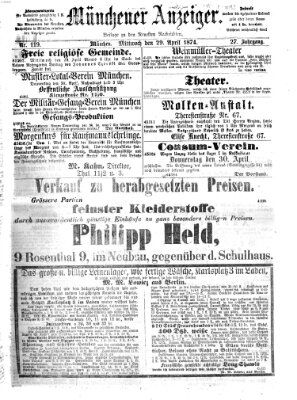 Münchener Anzeiger (Münchner neueste Nachrichten) Mittwoch 29. April 1874