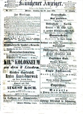 Münchener Anzeiger (Münchner neueste Nachrichten) Samstag 20. Juni 1874