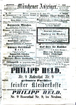 Münchener Anzeiger (Münchner neueste Nachrichten) Samstag 27. Juni 1874