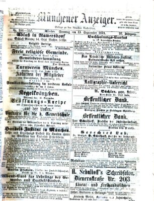 Münchener Anzeiger (Münchner neueste Nachrichten) Sonntag 13. September 1874