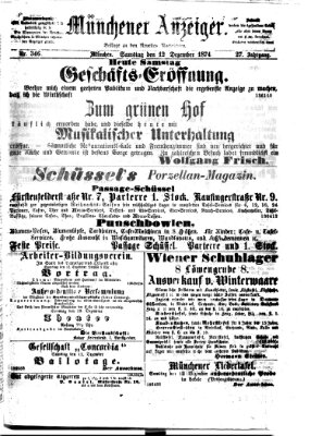 Münchener Anzeiger (Münchner neueste Nachrichten) Samstag 12. Dezember 1874