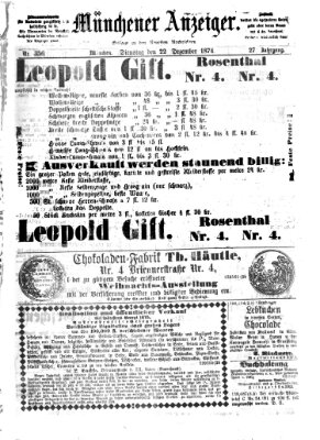 Münchener Anzeiger (Münchner neueste Nachrichten) Dienstag 22. Dezember 1874