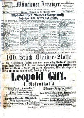 Münchener Anzeiger (Münchner neueste Nachrichten) Mittwoch 30. Dezember 1874