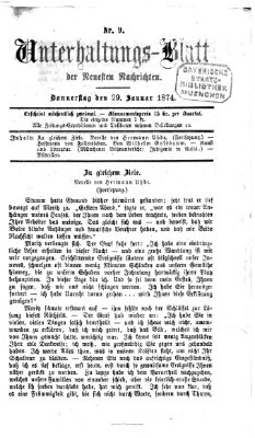 Neueste Nachrichten aus dem Gebiete der Politik. Unterhaltungs-Blatt der Neuesten Nachrichten (Münchner neueste Nachrichten) Donnerstag 29. Januar 1874