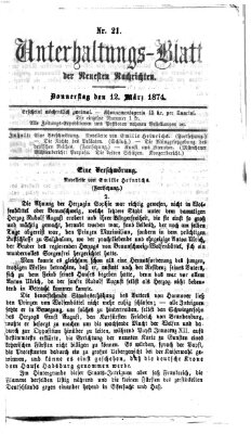 Neueste Nachrichten aus dem Gebiete der Politik. Unterhaltungs-Blatt der Neuesten Nachrichten (Münchner neueste Nachrichten) Donnerstag 12. März 1874