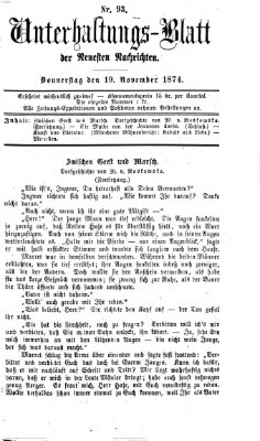 Neueste Nachrichten aus dem Gebiete der Politik. Unterhaltungs-Blatt der Neuesten Nachrichten (Münchner neueste Nachrichten) Donnerstag 19. November 1874