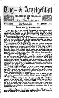 Tag- und Anzeigeblatt für Kempten und das Allgäu Donnerstag 29. Januar 1874