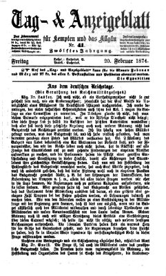 Tag- und Anzeigeblatt für Kempten und das Allgäu Freitag 20. Februar 1874