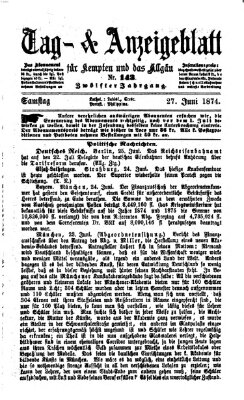 Tag- und Anzeigeblatt für Kempten und das Allgäu Samstag 27. Juni 1874