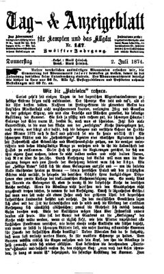 Tag- und Anzeigeblatt für Kempten und das Allgäu Donnerstag 2. Juli 1874