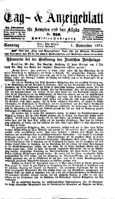 Tag- und Anzeigeblatt für Kempten und das Allgäu Sonntag 1. November 1874