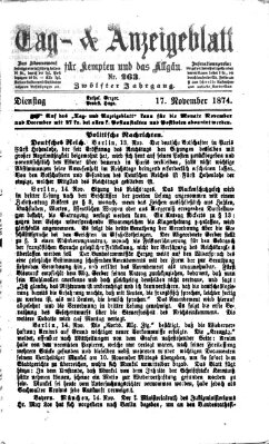 Tag- und Anzeigeblatt für Kempten und das Allgäu Dienstag 17. November 1874