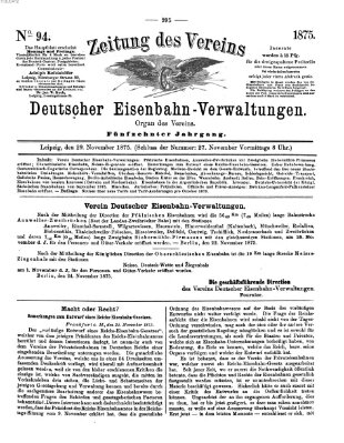 Zeitung des Vereins Deutscher Eisenbahnverwaltungen (Eisenbahn-Zeitung) Montag 29. November 1875