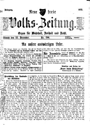 Neue freie Volks-Zeitung Mittwoch 22. Dezember 1875