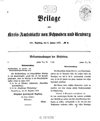 Königlich Bayerisches Kreis-Amtsblatt von Schwaben und Neuburg. Beilage zum Kreis-Amtsblatte von Schwaben und Neuburg (Königlich Bayerisches Kreis-Amtsblatt von Schwaben und Neuburg) Mittwoch 6. Januar 1875