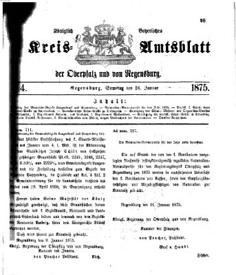 Königlich-bayerisches Kreis-Amtsblatt der Oberpfalz und von Regensburg (Königlich bayerisches Intelligenzblatt für die Oberpfalz und von Regensburg) Samstag 16. Januar 1875