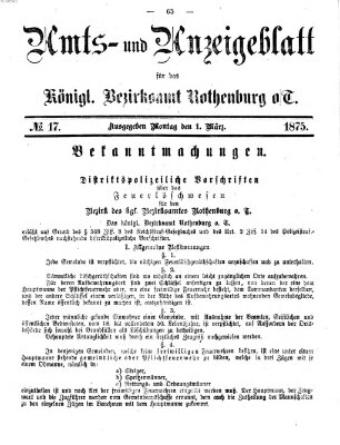 Amts- und Anzeigenblatt für das Königliche Bezirksamt Rothenburg o.T. (Amts- und Anzeigenblatt für die Stadt und das Königl. Bezirksamt Rothenburg) Montag 1. März 1875