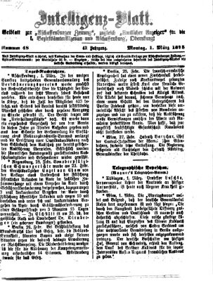 Aschaffenburger Zeitung. Intelligenz-Blatt : Beiblatt zur Aschaffenburger Zeitung ; zugleich amtlicher Anzeiger für die K. Bezirksämter Aschaffenburg, Alzenau und Obernburg (Aschaffenburger Zeitung) Montag 1. März 1875