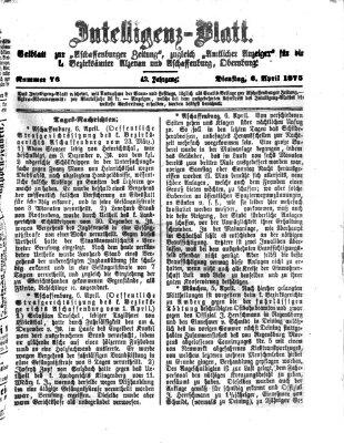 Aschaffenburger Zeitung. Intelligenz-Blatt : Beiblatt zur Aschaffenburger Zeitung ; zugleich amtlicher Anzeiger für die K. Bezirksämter Aschaffenburg, Alzenau und Obernburg (Aschaffenburger Zeitung) Dienstag 6. April 1875