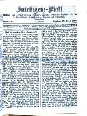 Aschaffenburger Zeitung. Intelligenz-Blatt : Beiblatt zur Aschaffenburger Zeitung ; zugleich amtlicher Anzeiger für die K. Bezirksämter Aschaffenburg, Alzenau und Obernburg (Aschaffenburger Zeitung) Dienstag 27. April 1875