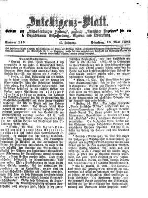 Aschaffenburger Zeitung. Intelligenz-Blatt : Beiblatt zur Aschaffenburger Zeitung ; zugleich amtlicher Anzeiger für die K. Bezirksämter Aschaffenburg, Alzenau und Obernburg (Aschaffenburger Zeitung) Dienstag 18. Mai 1875