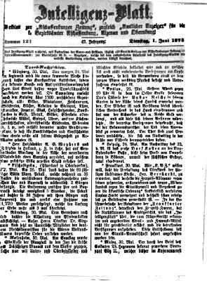 Aschaffenburger Zeitung. Intelligenz-Blatt : Beiblatt zur Aschaffenburger Zeitung ; zugleich amtlicher Anzeiger für die K. Bezirksämter Aschaffenburg, Alzenau und Obernburg (Aschaffenburger Zeitung) Dienstag 1. Juni 1875