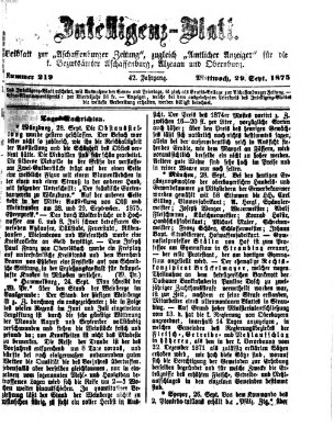 Aschaffenburger Zeitung. Intelligenz-Blatt : Beiblatt zur Aschaffenburger Zeitung ; zugleich amtlicher Anzeiger für die K. Bezirksämter Aschaffenburg, Alzenau und Obernburg (Aschaffenburger Zeitung) Mittwoch 29. September 1875