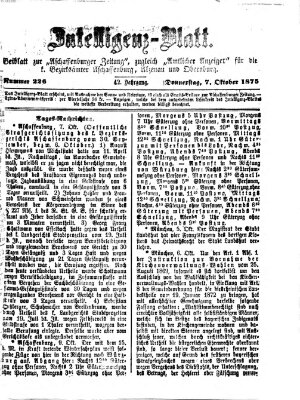 Aschaffenburger Zeitung. Intelligenz-Blatt : Beiblatt zur Aschaffenburger Zeitung ; zugleich amtlicher Anzeiger für die K. Bezirksämter Aschaffenburg, Alzenau und Obernburg (Aschaffenburger Zeitung) Donnerstag 7. Oktober 1875
