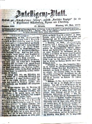 Aschaffenburger Zeitung. Intelligenz-Blatt : Beiblatt zur Aschaffenburger Zeitung ; zugleich amtlicher Anzeiger für die K. Bezirksämter Aschaffenburg, Alzenau und Obernburg (Aschaffenburger Zeitung) Montag 22. November 1875