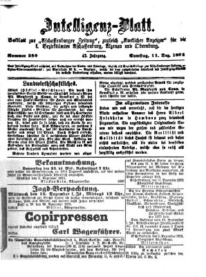 Aschaffenburger Zeitung. Intelligenz-Blatt : Beiblatt zur Aschaffenburger Zeitung ; zugleich amtlicher Anzeiger für die K. Bezirksämter Aschaffenburg, Alzenau und Obernburg (Aschaffenburger Zeitung) Samstag 11. Dezember 1875