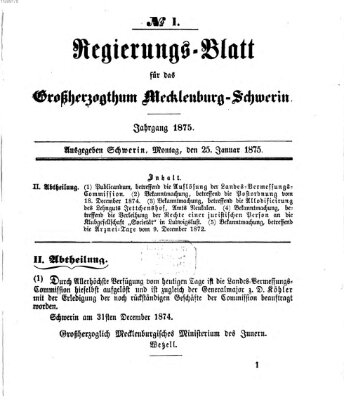 Regierungsblatt für Mecklenburg-Schwerin (Großherzoglich-Mecklenburg-Schwerinsches officielles Wochenblatt) Montag 25. Januar 1875