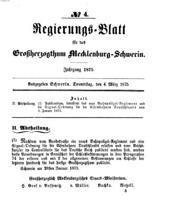 Regierungsblatt für Mecklenburg-Schwerin (Großherzoglich-Mecklenburg-Schwerinsches officielles Wochenblatt) Donnerstag 4. März 1875