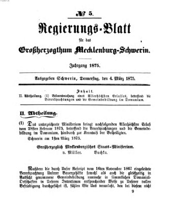 Regierungsblatt für Mecklenburg-Schwerin (Großherzoglich-Mecklenburg-Schwerinsches officielles Wochenblatt) Donnerstag 4. März 1875