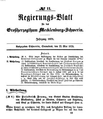 Regierungsblatt für Mecklenburg-Schwerin (Großherzoglich-Mecklenburg-Schwerinsches officielles Wochenblatt) Samstag 22. Mai 1875