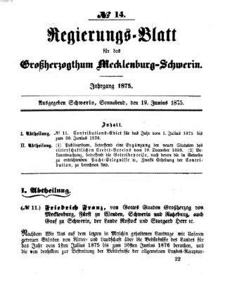 Regierungsblatt für Mecklenburg-Schwerin (Großherzoglich-Mecklenburg-Schwerinsches officielles Wochenblatt) Samstag 19. Juni 1875