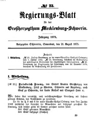 Regierungsblatt für Mecklenburg-Schwerin (Großherzoglich-Mecklenburg-Schwerinsches officielles Wochenblatt) Samstag 21. August 1875