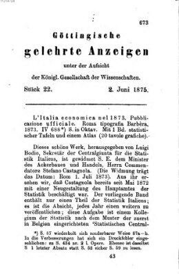 Göttingische gelehrte Anzeigen (Göttingische Zeitungen von gelehrten Sachen) Mittwoch 2. Juni 1875