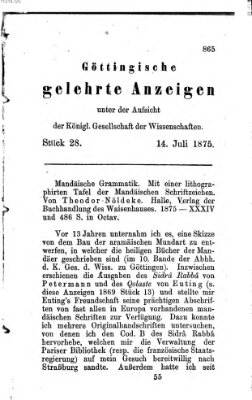 Göttingische gelehrte Anzeigen (Göttingische Zeitungen von gelehrten Sachen) Mittwoch 14. Juli 1875