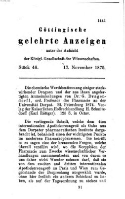 Göttingische gelehrte Anzeigen (Göttingische Zeitungen von gelehrten Sachen) Mittwoch 17. November 1875