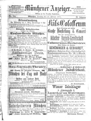 Münchener Anzeiger (Münchner neueste Nachrichten) Dienstag 23. Februar 1875