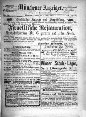 Münchener Anzeiger (Münchner neueste Nachrichten) Dienstag 2. März 1875