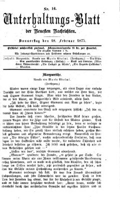 Neueste Nachrichten aus dem Gebiete der Politik. Unterhaltungs-Blatt der Neuesten Nachrichten (Münchner neueste Nachrichten) Donnerstag 18. Februar 1875