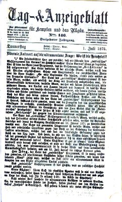 Tag- und Anzeigeblatt für Kempten und das Allgäu Donnerstag 1. Juli 1875