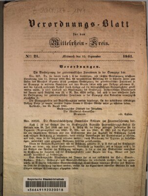 Verordnungs-Blatt für den Mittelrhein-Kreis Mittwoch 15. September 1841