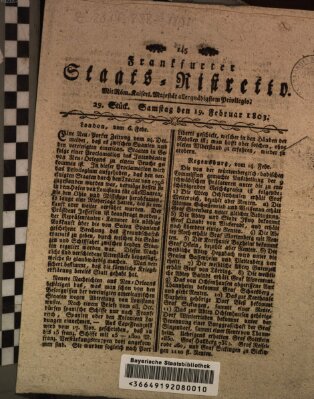 Frankfurter Staats-Ristretto Samstag 19. Februar 1803