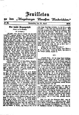 Augsburger neueste Nachrichten. Feuilleton zu den Augsburger neuesten Nachrichten (Augsburger neueste Nachrichten) Donnerstag 20. April 1876